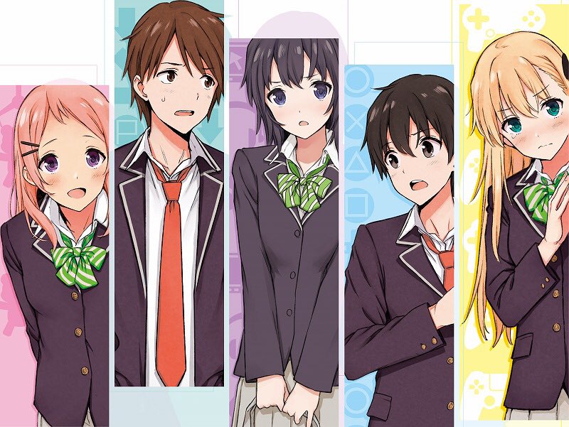 2boys 3girls aguri_(gamers!) amano_keita aqua_eyes black_eyes black_hair black_jacket blazer blush bow bowtie breasts brown_eyes closed_mouth collared_shirt commentary_request diagonal-striped_bow diagonal-striped_bowtie diagonal-striped_clothes frown gamers! green_bow green_bowtie grey_skirt hair_between_eyes hair_ornament hairclip hand_up head_tilt holding hoshinomori_chiaki jacket lapels long_hair long_sleeves looking_at_viewer looking_to_the_side multiple_boys multiple_girls necktie notched_lapels official_art open_clothes open_jacket open_mouth orange_necktie parted_bangs pink_hair pleated_skirt purple_eyes saboten school_uniform shirt short_hair skirt smile standing striped_clothes teeth tendou_karen uehara_tasuku upper_teeth_only wavy_mouth white_shirt wing_collar