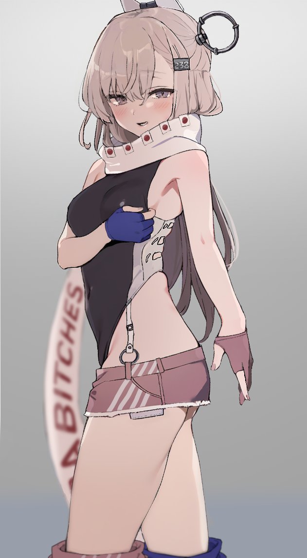 1girl adjusting_clothes adjusting_swimsuit american_flag american_flag_print american_flag_skirt black_one-piece_swimsuit blue_gloves blush breasts commentary cowboy_shot denim denim_skirt english_text flag_print gloves grey_eyes grey_hair hair_ornament headgear highleg highleg_one-piece_swimsuit japanese_flag kantai_collection kill_markings long_hair looking_at_viewer neju one-piece_swimsuit open_mouth partially_fingerless_gloves print_skirt profanity red_gloves scarf simple_background skirt solo super_highleg swimsuit two-tone_one-piece_swimsuit wahoo_(kancolle) wahoo_kai_(kancolle) white_scarf