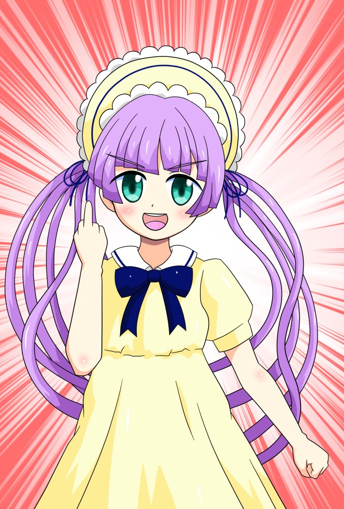 1girl ahana blue_eyes blush child looking_at_viewer middle_finger mochi_hiyoko purple_hair smile solo twintails virtual_youtuber