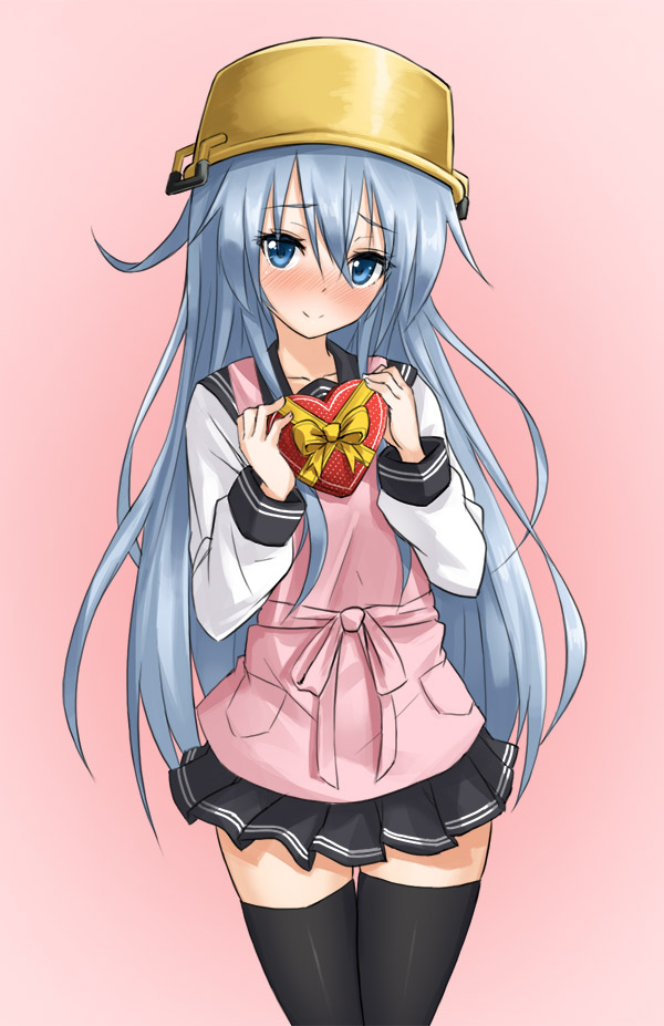 10s 1girl apron black_thighhighs blue_eyes blue_hair blush candy chocolate chocolate_heart female_focus food gift heart hibiki_(kancolle) kantai_collection long_hair looking_at_viewer matching_hair/eyes pot pot_on_head school_uniform serafuku silent_sakia simple_background skirt solo thighhighs valentine zettai_ryouiki