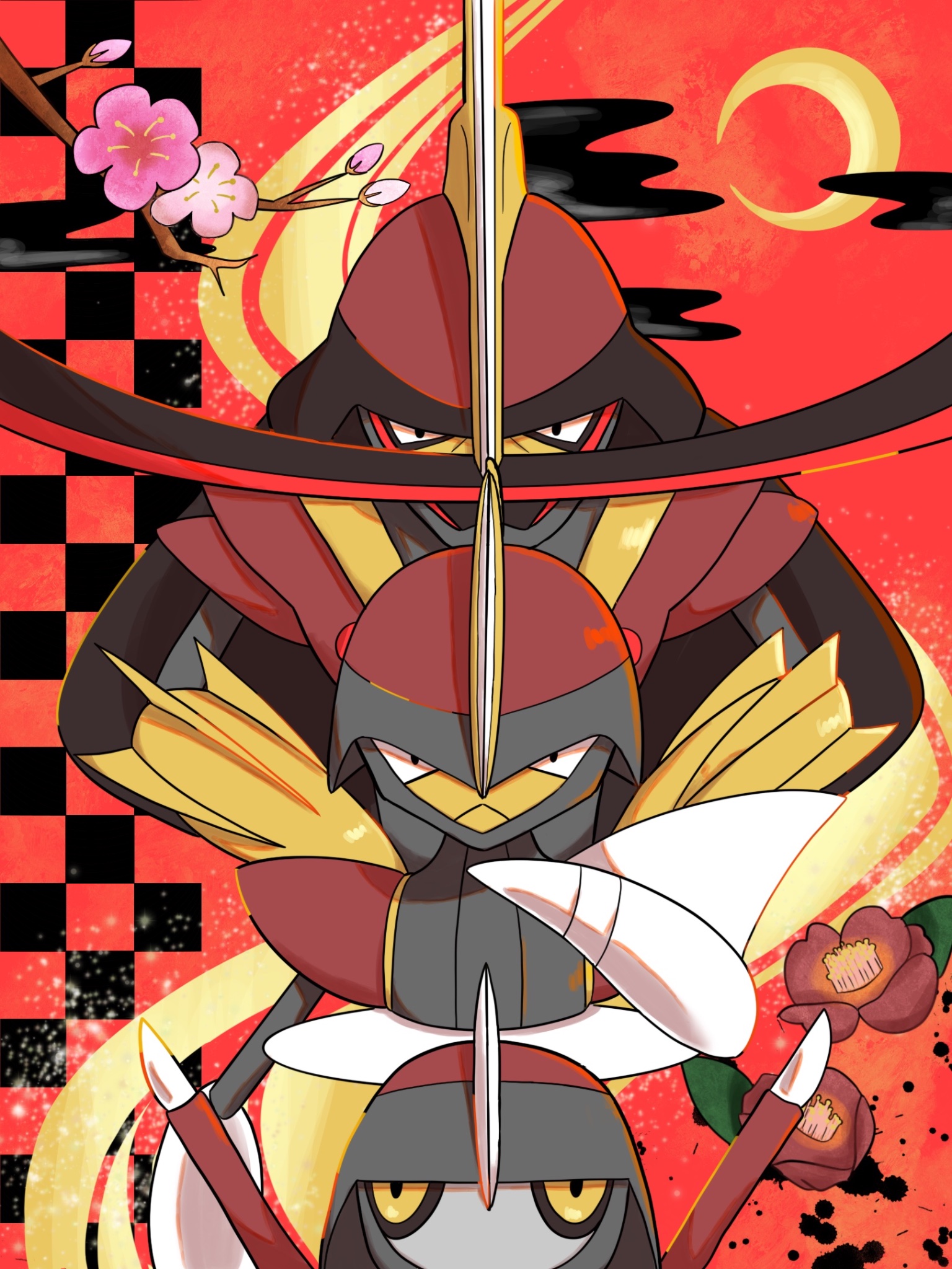 arm_blade bisharp branch closed_mouth commentary_request crescent_moon evolutionary_line flower gen_5_pokemon highres kingambit looking_at_viewer moon nintendo pawniard pink_flower pokemon pokemon_(creature) red_background redamber334 weapon yellow_eyes