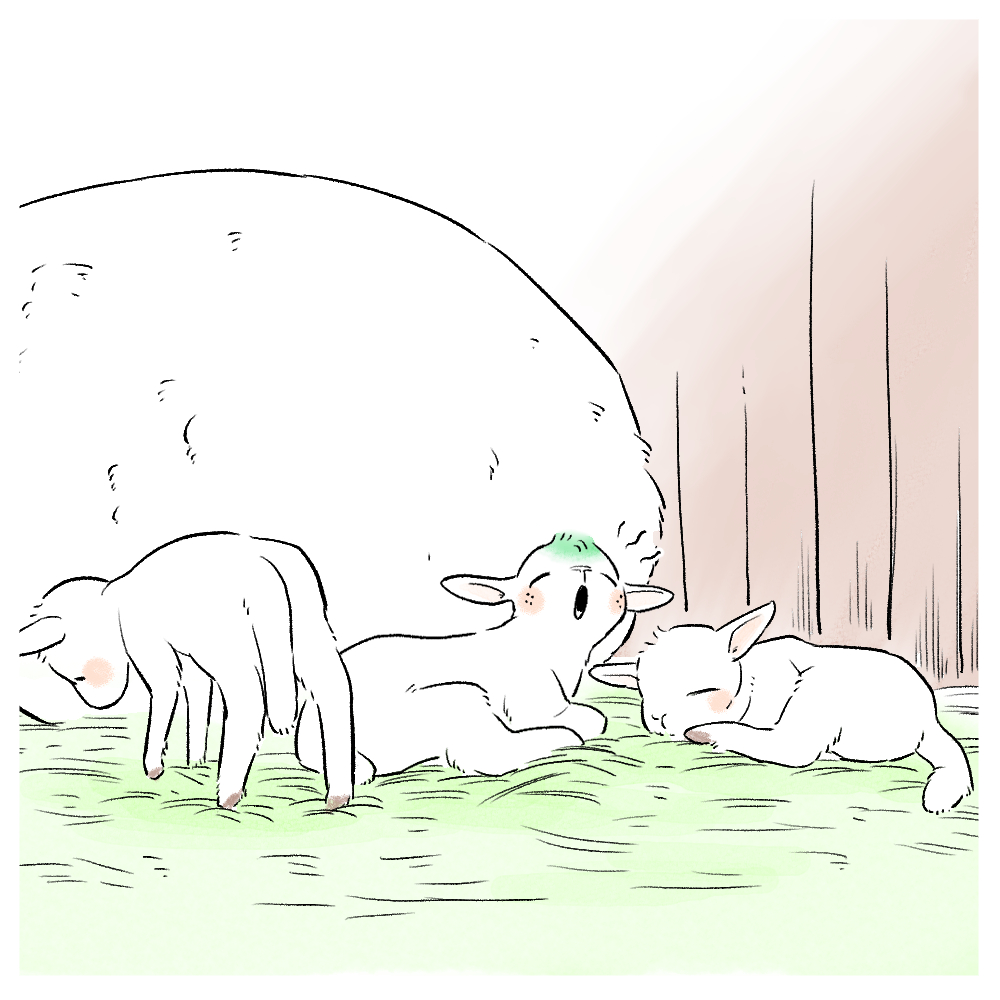barn betsu_aka2 boku_no_hero_academia bones_(company) dekusheep family freckles grass green_wool lamb midoriya_izuku newborn_baby sheep shounen_jump sitting sleeping wool yawning