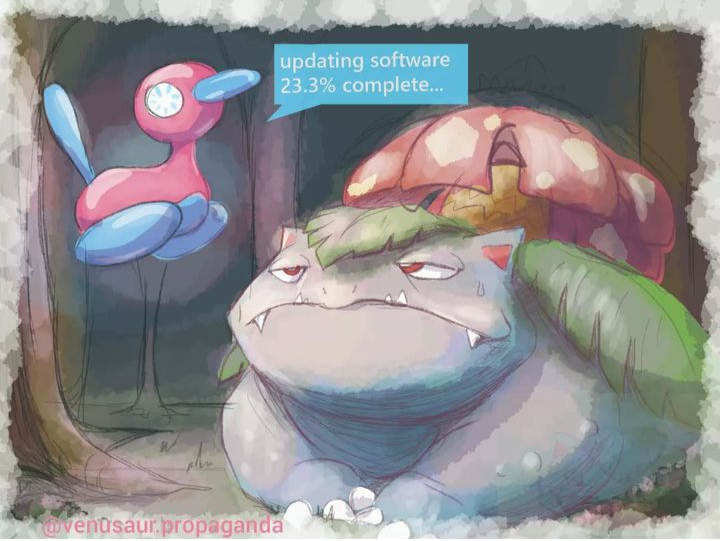 animal_focus artist_name border bright_pupils buffering claws closed_mouth commentary english_commentary full_body gen_1_pokemon gen_2_pokemon nintendo no_humans pokemon pokemon_(creature) porygon2 red_eyes solo speech_bubble translation_request venusaur venusaur-propaganda white_border white_pupils