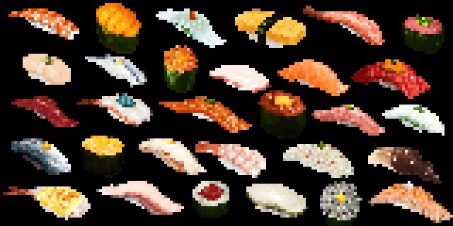 black_background fish_(food) food grated_daikon gunkanmaki hisachan55cute ikura_(food) inarizushi makizushi no_humans nori_(seaweed) original pixel_art rice sashimi scenery seafood shrimp simple_background sushi too_much_food
