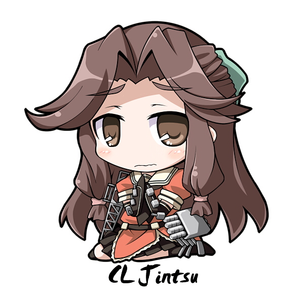 10s 1girl blush boots brown_eyes brown_hair cannon character_name chibi double_bun elbow_gloves female_focus gloves hair_bun hair_intakes half_updo jintsuu_(kancolle) kantai_collection long_hair nervous personification ribbon school_uniform serafuku ship_turret sidelocks sitting skirt solo take_tonbo torpedo wariza