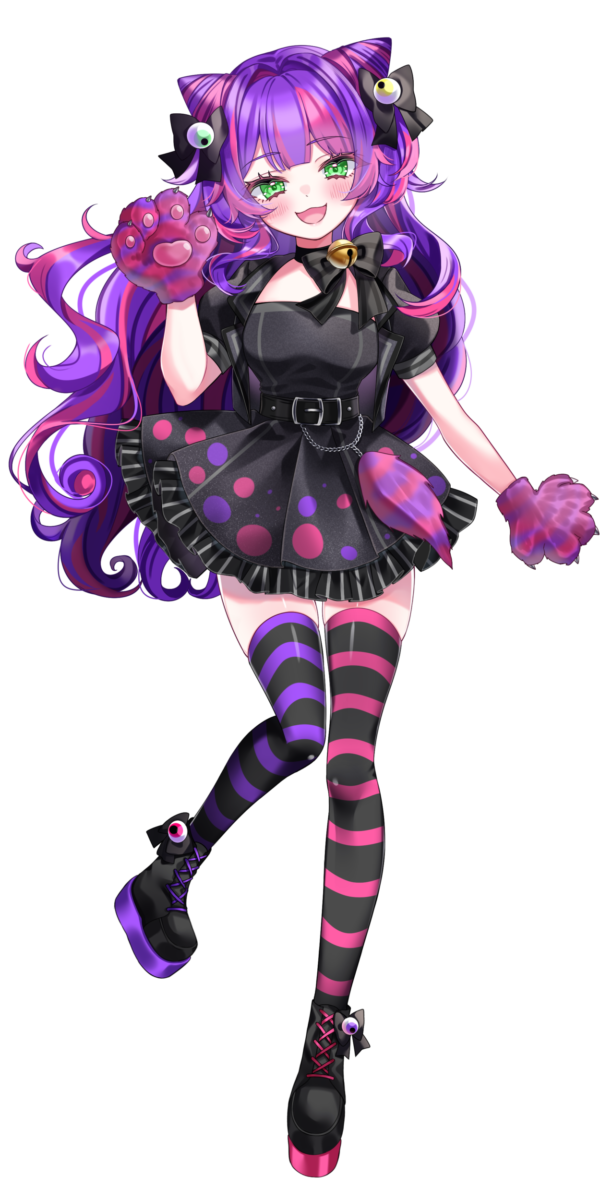 1girl :3 animal_hands asymmetrical_footwear asymmetrical_legwear bell belt black_belt black_bow black_dress black_shoes black_thighhighs blush bond_en bondlive bow cone_hair_bun double_bun dress eyeball full_body gloves green_eyes hair_bow hair_bun highres jingle_bell leg_up mismatched_footwear mismatched_legwear multicolored_hair official_art open_mouth paw_gloves pink_hair pink_thighhighs puffy_short_sleeves puffy_sleeves purple_gloves purple_hair purple_thighhighs shoes short_sleeves simple_background solo streaked_hair striped_clothes striped_thighhighs thighhighs transparent_background trixie_serenai two-tone_hair virtual_youtuber