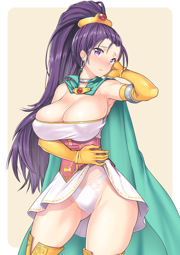 1girl arm_up armlet armpits bare_legs bare_shoulders blush breasts brown_background cape cleavage closed_mouth clothes_lift cosplay dragon_quest dragon_quest_iii dragon_quest_xi dress dress_lift earrings elbow_gloves female_focus gloves high_ponytail huge_breasts jewelry legs long_hair nagase_haruhito neck neck_ring panties ponytail purple_eyes purple_hair sage_(dq3) sage_(dq3)_(cosplay) senica_(dq11) shy simple_background solo standing strapless strapless_dress thighs underwear white_dress white_panties yellow_gloves