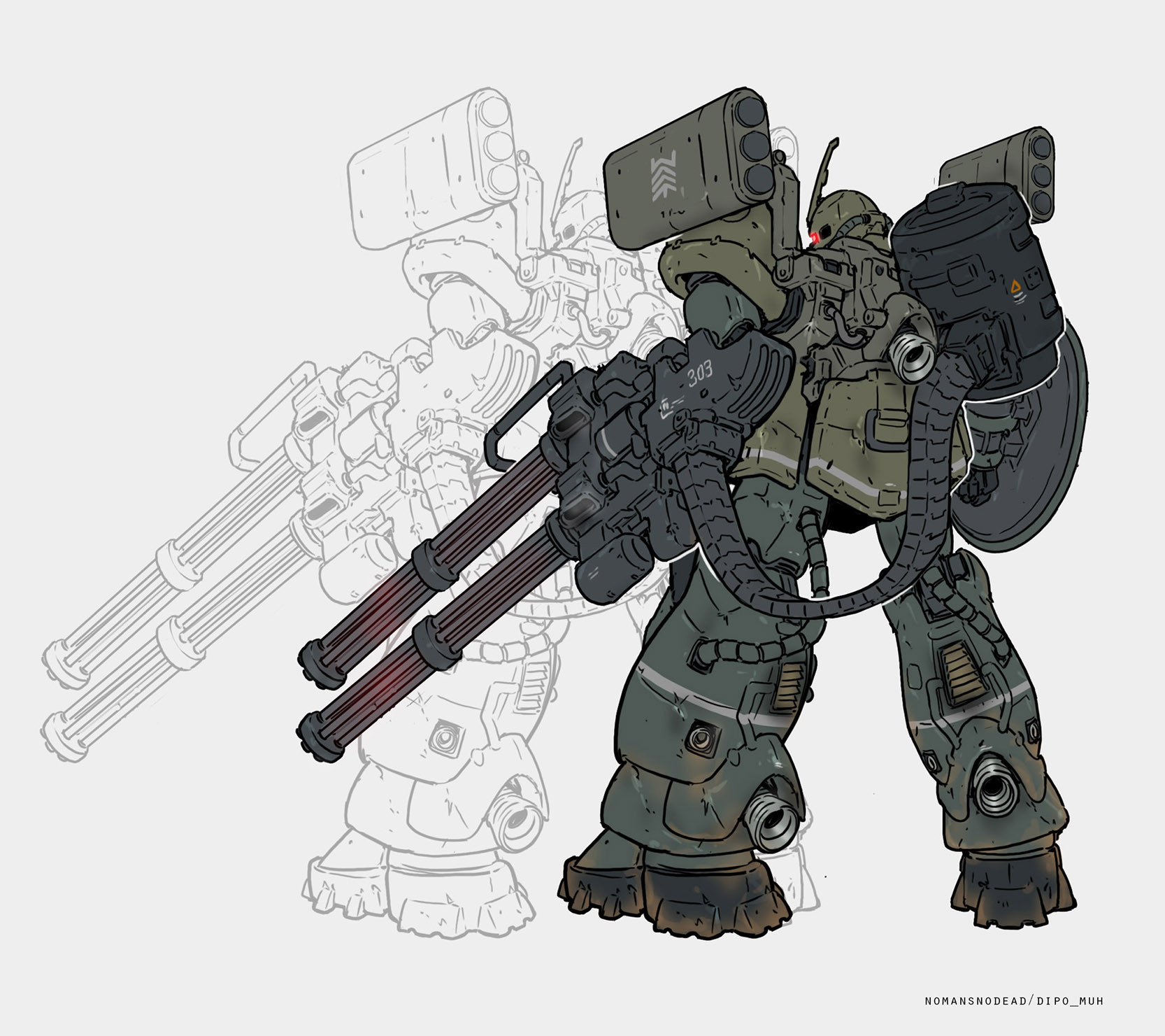 ammunition_belt arm_shield armor artist_name battle_damage cable commentary cyclops dent drum_magazine english_commentary facing_away gatling_gun glowing glowing_eye glowing_eyes glowing_hot green_armor gun gundam highres holding holding_gun holding_weapon huge_weapon lineart looking_back magazine_(weapon) mecha mecha_focus military minigun missile_pod mobile_suit no_humans nomansnodead one-eyed outline pauldrons red_eyes robot science_fiction shield shoulder_armor shoulder_cannon simple_background soot standing steam thrusters tube vent_(object) vernier_thrusters weapon white_background white_lines white_outline zaku_ii zaku_ii_s zeon zoom_layer