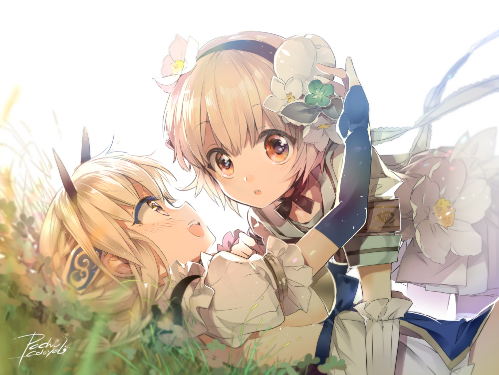 2girls blonde_hair blush braid breasts commentary_request detached_sleeves edoya_pochi elbow_gloves flower gloves hair_flower hair_ornament hairband la_pucelle_(mahoiku) looking_at_another looking_at_viewer magical_girl mahou_shoujo_ikusei_keikaku medium_breasts multiple_girls red_eyes short_hair silver_hair snow_white_(mahoiku) yellow_eyes