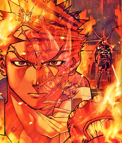 2boys armor claws closed_mouth edaki_shin&#039;ya fire full_armor ichimonji_batsu imawano_hyou justice_gakuen kagami_kyousuke kirishima_kurou looking_at_viewer male_focus moero!_justice_gakuen multiple_boys official_art roy_bromwell standing tiffany_lords upper_body wakaba_hinata