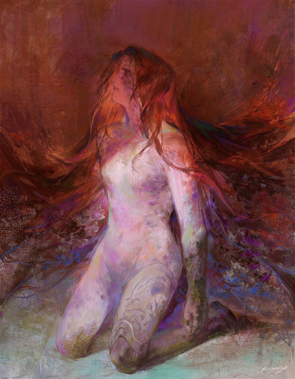 1girl closed_eyes elden_ring full_body highres kneeling long_hair malenia_blade_of_miquella malenia_goddess_of_rot naux nude painterly parted_lips realistic red_background red_hair scar scar_on_arm scar_on_face scar_on_leg scars_all_over signature solo too_many