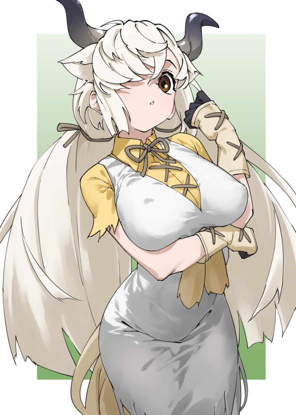 1girl arm_under_breasts black_gloves black_horns blonde_hair breasts brown_eyes commentary cross-laced_clothes dress extra_ears gloves gradient_horns grey_horns hair_over_one_eye highres horns kemono_friends large_breasts long_hair looking_at_viewer low_twintails multicolored_horns ox_ears ox_girl ox_horns shirt simple_background solo tanabe_(fueisei) twintails white_dress yak_(kemono_friends) yellow_shirt