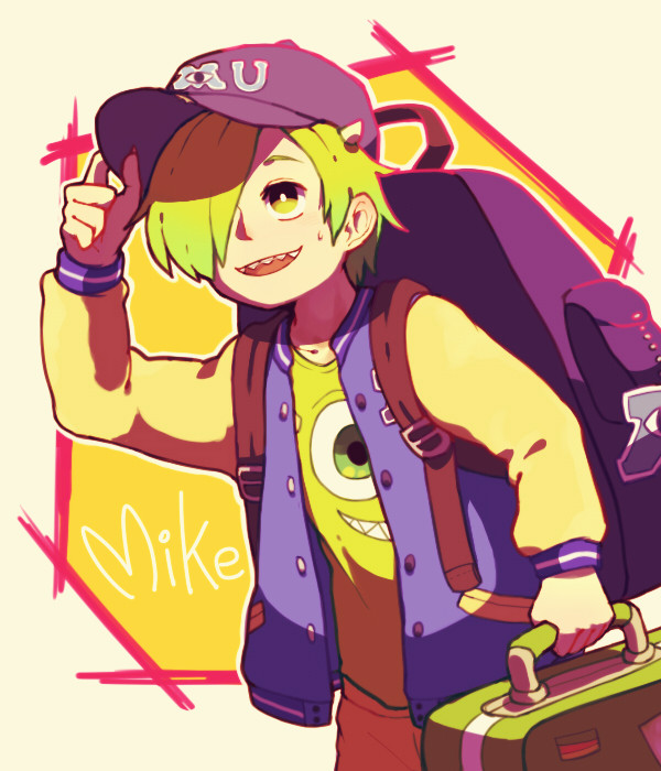 1boy green_eyes green_hair hair_over_one_eye hat horns humanization long_sleeves mike_wazowski mino_(mino_cat) monsters_inc. monsters_university personification sharp_teeth shirt short_hair smile solo teeth