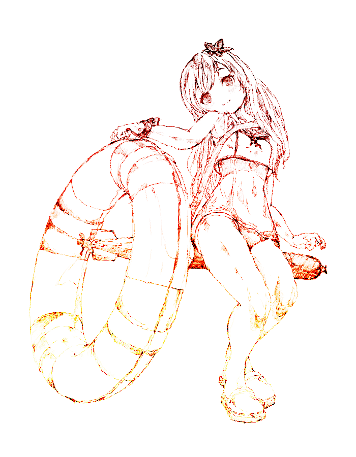 10s 1girl armpits blouse crop_top female_focus full_body gradient_filter gurin33 head_tilt innertube kantai_collection lifebuoy long_hair monochrome one-piece_swimsuit ro-500_(kancolle) sandals school_swimsuit shirt shoulder_strap simple_background sitting sketch sleeveless sleeveless_shirt smile solo swim_ring swimsuit swimsuit_under_clothes torpedo white_background