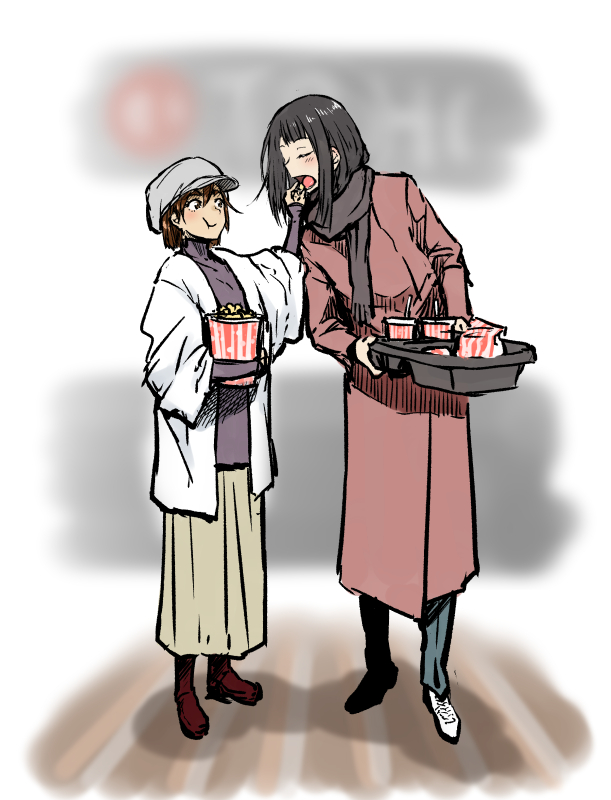 2girls asakusa_midori asymmetrical_bangs black_hair blurry blurry_background brown_hair closed_eyes commentary cup disposable_cup eating eizouken_ni_wa_te_wo_dasu_na! feeding food hat henriiku_(ahemaru) holding holding_tray kanamori_sayaka multiple_girls popcorn scarf short_hair tray