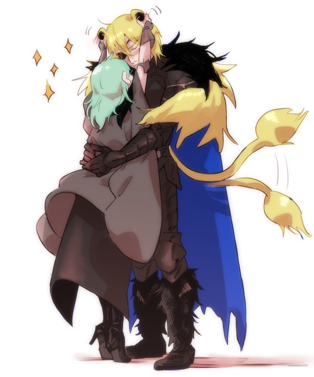 1boy 1girl alternate_hair_color animal_ears armor black_armor black_cape black_gloves blonde_hair blue_cape blush cape closed_eyes closed_mouth dimitri_alexandre_blaiddyd dimitri_alexandre_blaiddyd_(blue_lion) dimitri_alexandre_blaiddyd_(blue_lion) dimitri_alexandre_blaiddyd_(timeskip) eyepatch female_byleth_(awakened)_(fire_emblem) female_byleth_(fire_emblem) fire_emblem fire_emblem:_three_houses fire_emblem_shadows fur-trimmed_cape fur_trim gloves green_hair highres hug lace_pantyhose lion_boy lion_ears lion_tail long_hair nintendo pantyhose pantyhose_under_shorts patterned_legwear rimo67200894 rubbing_ears shorts simple_background star_(symbol) tail tail_wagging tiptoes vambraces white_background