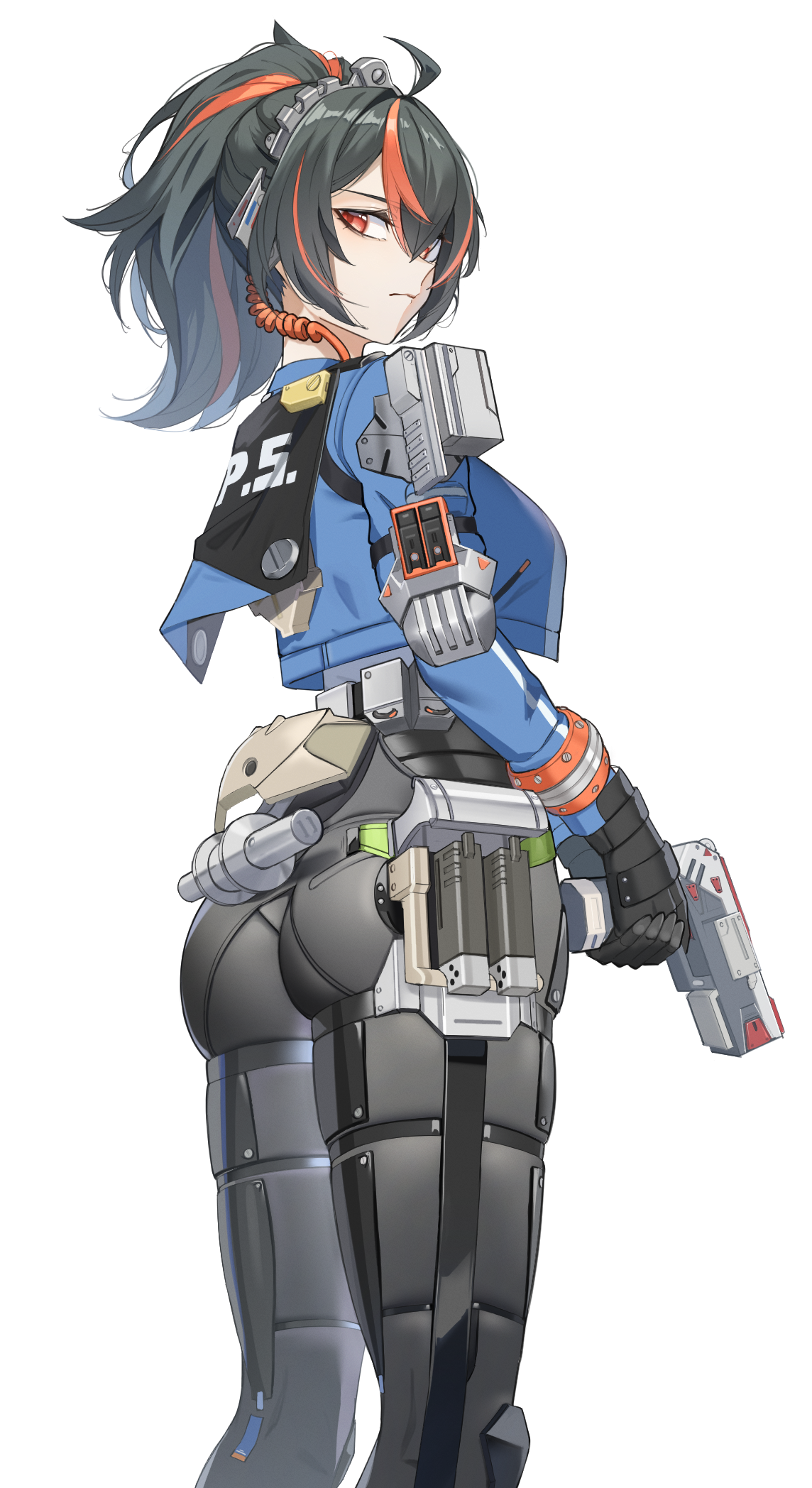 1girl ass black_gloves black_hair blue_jacket breasts closed_mouth gloves gun handlebar high-waist_pants highres holding holding_gun holding_weapon jacket large_breasts looking_afar looking_back metal_hairband multicolored_hair pants pero_(peroneko0510) police police_uniform policewoman ponytail red_eyes red_hair simple_background solo streaked_hair tight_clothes tight_pants weapon white_background zenless_zone_zero zhu_yuan