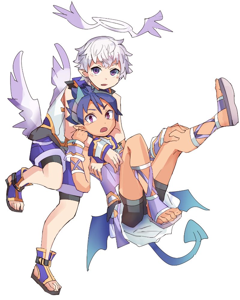 2boys angel angel_wings bike_shorts blue_hair blush cosplay costume_switch demon_boy demon_tail demon_wings full_body geetgeet halo horns looking_at_viewer low_wings luke_venus male_focus mini_wings multiple_boys open_mouth pointy_ears pop-up_story purple_eyes sandals school_uniform silver_hair simple_background tail white_background wings ziz_glover