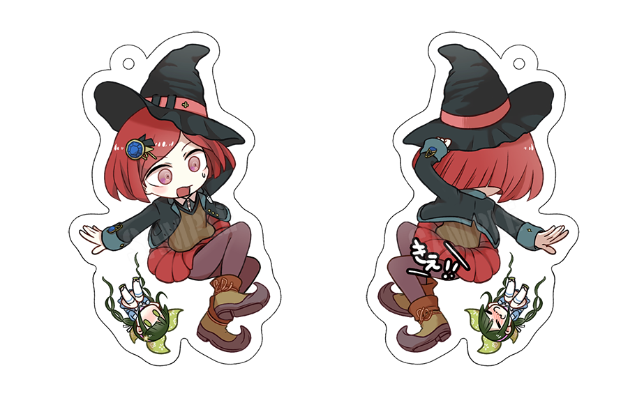 2girls black_hair black_jacket black_pantyhose brown_vest chabashira_tenko charm_(medium) collared_jacket collared_shirt commentary_request danganronpa_(series) danganronpa_v3:_killing_harmony falling gem_hair_ornament green_eyes green_hair hair_ornament hair_ribbon hat hat_belt jacket long_hair long_sleeves multiple_girls open_mouth pantyhose pleated_skirt red_eyes red_hair red_skirt ribbon school_uniform shirt short_hair simple_background skirt sweatdrop twintails vest white_background wide-eyed witch_hat yumeno_himiko yunxd