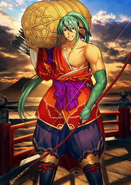 1boy arm_at_side arm_up arrow_(projectile) black_boots black_headband boots bow_(weapon) bridge carrying_over_shoulder cloud cloudy_sky double-parted_bangs elbow_gloves facial_scar fate/grand_order fate_(series) fingerless_gloves gloves green_gloves green_hair grin hadanugi_dousa hair_between_eyes headband high_ponytail holding holding_bow_(weapon) holding_weapon japanese_clothes kimono komedawara legs_apart long_hair looking_at_viewer male_focus mountain nipples official_art open_kimono pants pectorals ponytail puffy_pants purple_eyes purple_pants purple_sash red_kimono sash scar scar_on_cheek scar_on_face sidelocks simosi single_bare_shoulder single_glove sky smile solo standing tasuki tawara_touta_(fate) teeth third-party_source toned toned_male variant_set very_long_hair weapon wide_sleeves