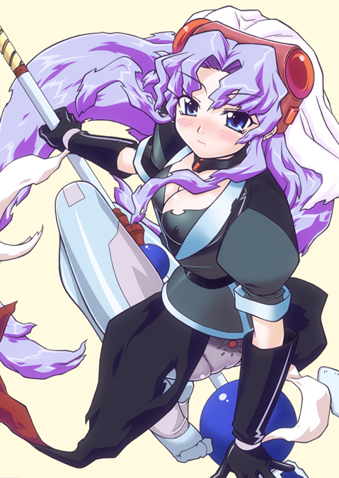 1990s_(style) 1girl ass blue_eyes blue_hair blush breasts choker cleavage closed_mouth el_hazard elbow_gloves female_focus gloves graphite_(medium) headdress ifurita long_hair looking_at_viewer retro_artstyle siseru_samurai solo staff traditional_media