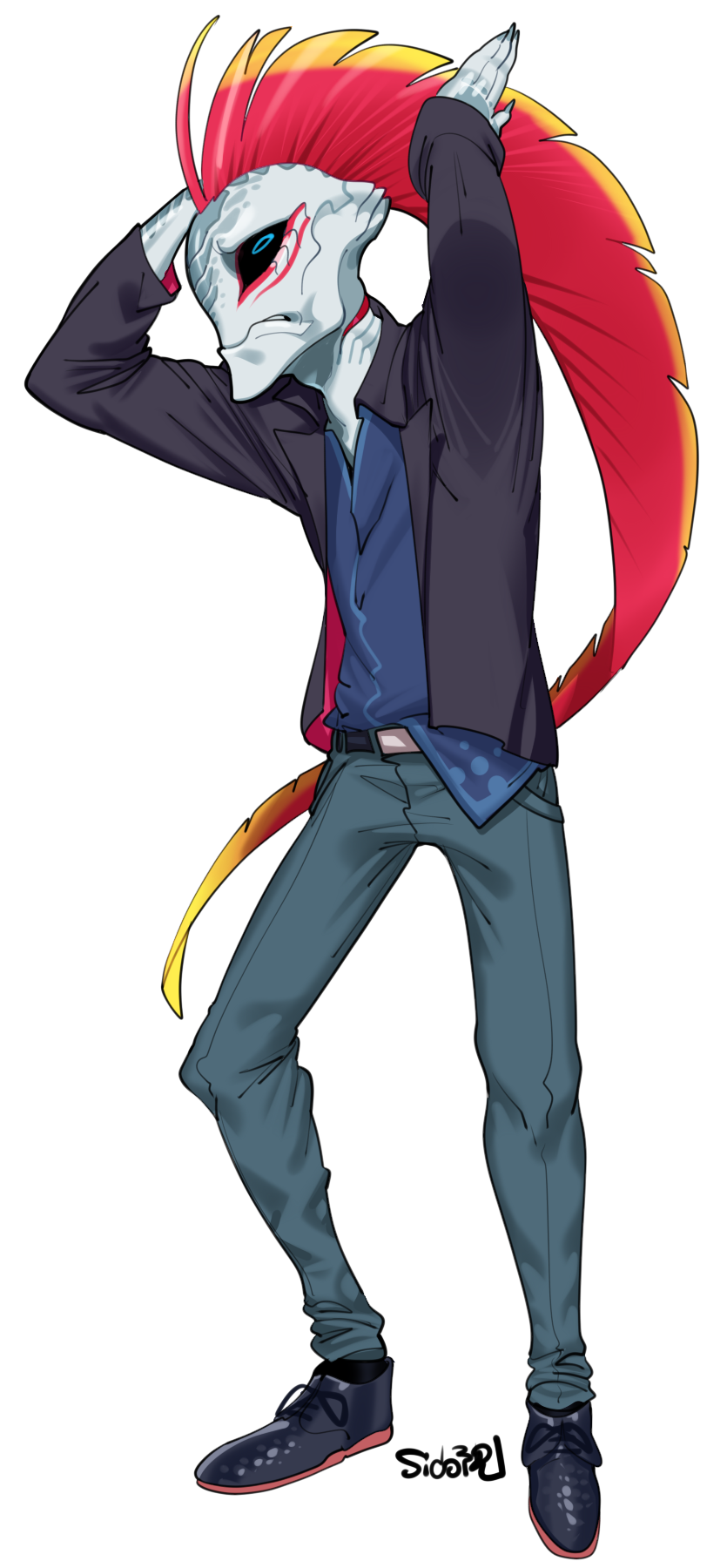 1boy arms_up belt black_belt black_jacket black_sclera blue_shirt colored_sclera colored_skin fingernails fish fish_boy full_body gills grey_skin grimace highres jacket long_hair looking_at_viewer male_focus mohawk oarfish original pants red_hair shirt sido_(slipknot) signature simple_background solo white_background