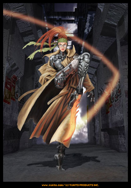 1990s_(style) 1girl backstreet bandages battle_angel_alita breasts brown_eyes calico_(gunnm_novel) coat cyborg darkness female_focus fingerless_gloves firey fog full_body glasses gloves gunnm_(novel) hairband kishiro_yukito knee_up long_hair looking_at_viewer metal metallic_breasts red_hair retro_artstyle shadow smile solo standing standing_on_tiptoe trailing_cloth