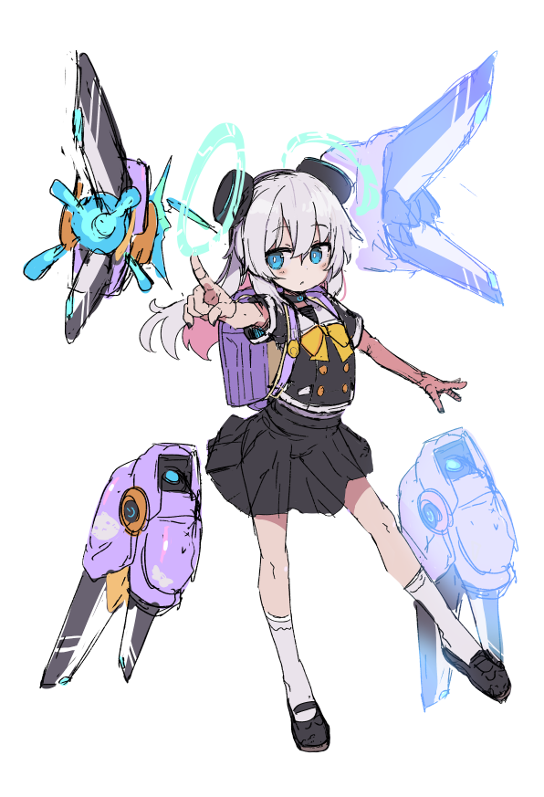 1girl alma-chan_wa_kazoku_ni_naritai alma_(alma-chan_wa_kazoku_ni_naritai) black_choker black_shirt black_skirt blue_eyes blush bow bowtie choker closed_mouth hand_up laser long_hair mechanical_arms nanateru pointing school_uniform serious shirt shoes simple_background skirt socks solo white_background white_hair white_socks yellow_bow yellow_bowtie