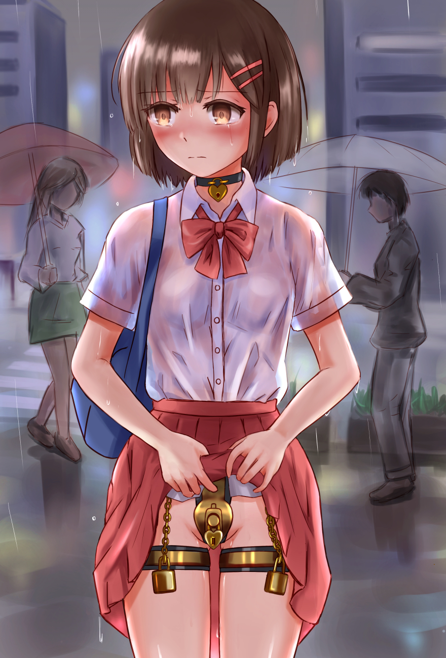 1girl :| bag blouse blush bow bowtie breasts brown_eyes brown_hair building buttons chastity_belt choker city closed_mouth clothes_lift collared_shirt cowboy_shot crosswalk crying dot_nose embarrassed exhibitionism facing_viewer hair_ornament hairclip handbag heart-shaped_lock highres lock looking_to_the_side medium_hair no_panties original outdoors people plant pleated_skirt public_indecency rain red_bow red_bowtie red_skirt reflective_floor school_uniform shiny_skin shirt short_sleeves skirt skirt_lift small_breasts solo_focus standing tears thigh_strap umbrella walking wet wet_clothes white_shirt wing_collar ym_(a901)