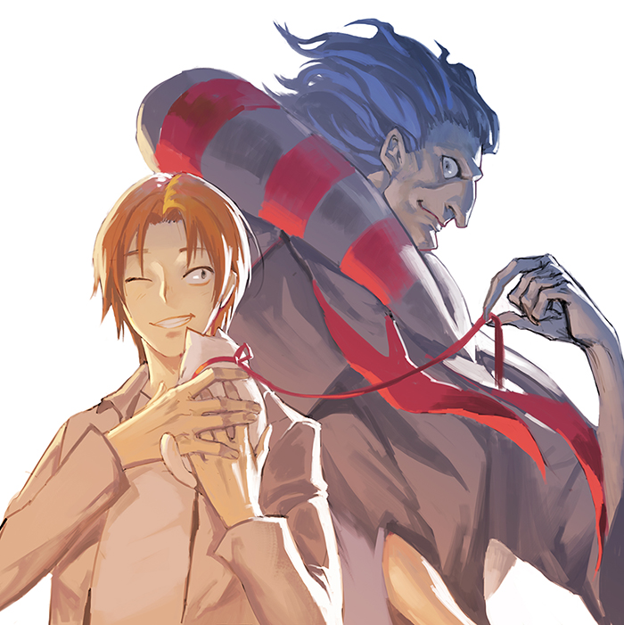 2boys baby_animal blue_hair cat cowl fate/zero fate_(series) gilles_de_rais_(caster)_(fate) gilles_de_rais_(fate) kitten leash multiple_boys narrator_(nobody) one_eye_closed orange_hair ribbon uryuu_ryuunosuke