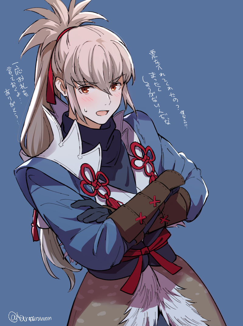 1boy blue_background fire_emblem fire_emblem_fates fur_trim grey_hair japanese_clothes long_hair male_focus nintendo open_mouth orange_eyes ponytail takumi_(fire_emblem) taromarun translation_request weapon