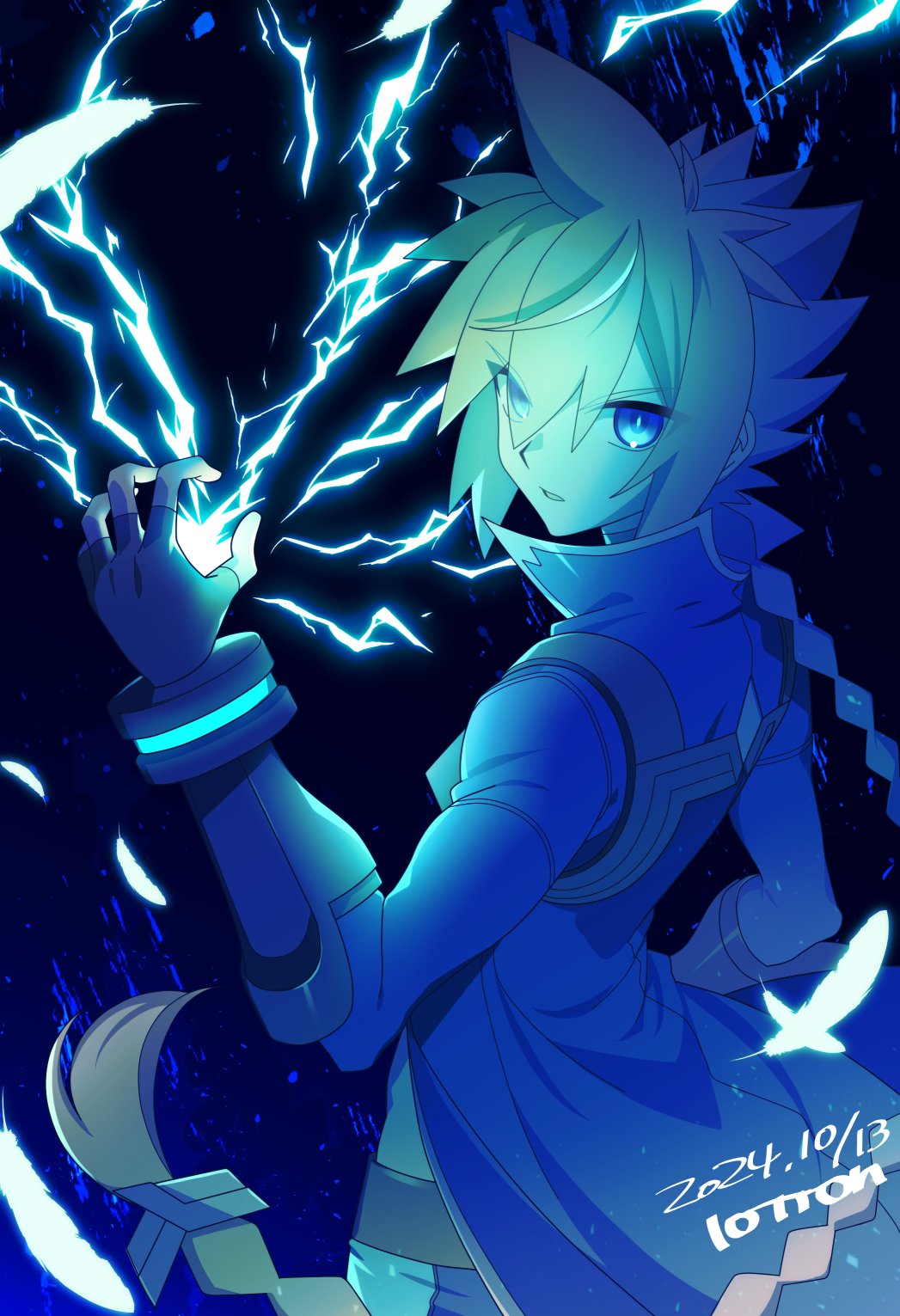 1boy azure_striker_gunvolt azure_striker_gunvolt_1 black_background blonde_hair blue_coat blue_eyes blue_theme braid braided_ponytail coat electricity gunvolt highres lololotton long_hair male_focus solo