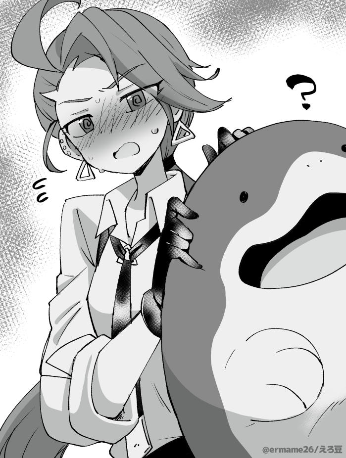 1girl @_@ black_necktie blush clodsire collared_shirt earrings eromame greyscale jewelry monochrome necktie nintendo pokemon pokemon_(creature) pokemon_sv rika_(pokemon) shirt triangle_earrings