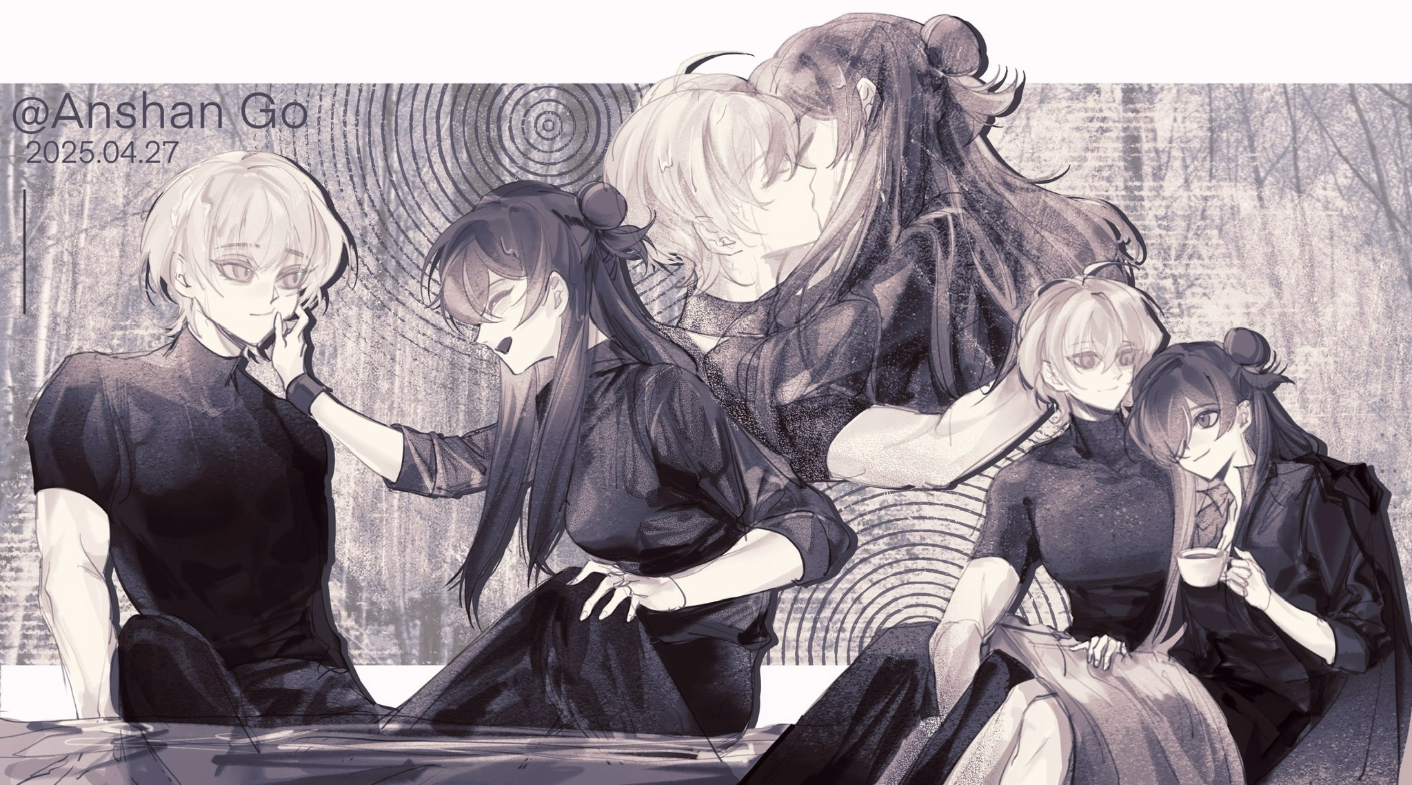 1boy 1girl anshango closed_eyes closed_mouth commentary cup dated female_shez_(fire_emblem) fire_emblem fire_emblem:_three_houses fire_emblem_warriors:_three_hopes hair_bun hair_over_one_eye hand_on_another's_face hand_on_another's_shoulder hetero highres holding holding_cup hug kiss long_hair long_sleeves looking_at_another male_byleth_(enlightened)_(fire_emblem) male_byleth_(fire_emblem) muscular muscular_male nintendo one_eye_covered open_mouth pants profile shirt short_hair short_sleeves single_hair_bun sitting smile teacup twitter_username