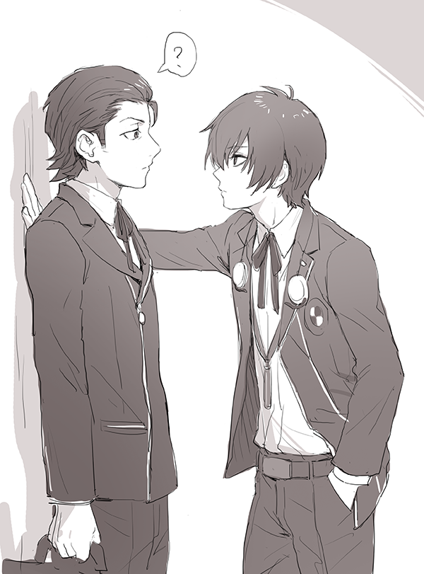 2boys ? bag black_jacket black_pants digital_walkman gekkoukan_high_school_uniform hair_over_one_eye hair_slicked_back hand_in_pocket holding holding_bag isa_(peien516) jacket kabedon long_sleeves looking_at_another male_focus monochrome multiple_boys neck_ribbon odagiri_hidetoshi pants persona persona_3 ribbon school_uniform shirt short_hair spoken_question_mark walkman_nw-s203f white_shirt yuuki_makoto_(persona_3)
