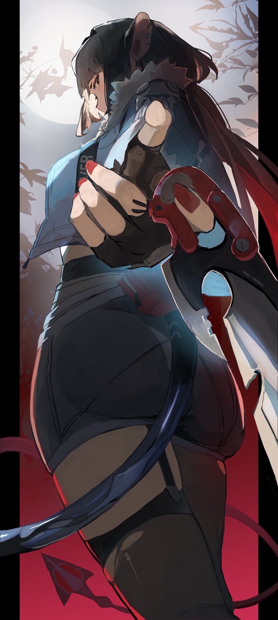 1girl animal_ears ass black_shorts fur-trimmed_jacket fur_trim garter_straps high-waist_shorts highres jacket jane_doe_(zenless_zone_zero) looking_at_viewer mouse_ears mouse_girl pantyhose red_nails sharp_tail shorts single_garter_strap single_leg_pantyhose solo standing thighhighs tomochi_(tmc_tmc8) torn_clothes torn_pantyhose torn_thighhighs zenless_zone_zero