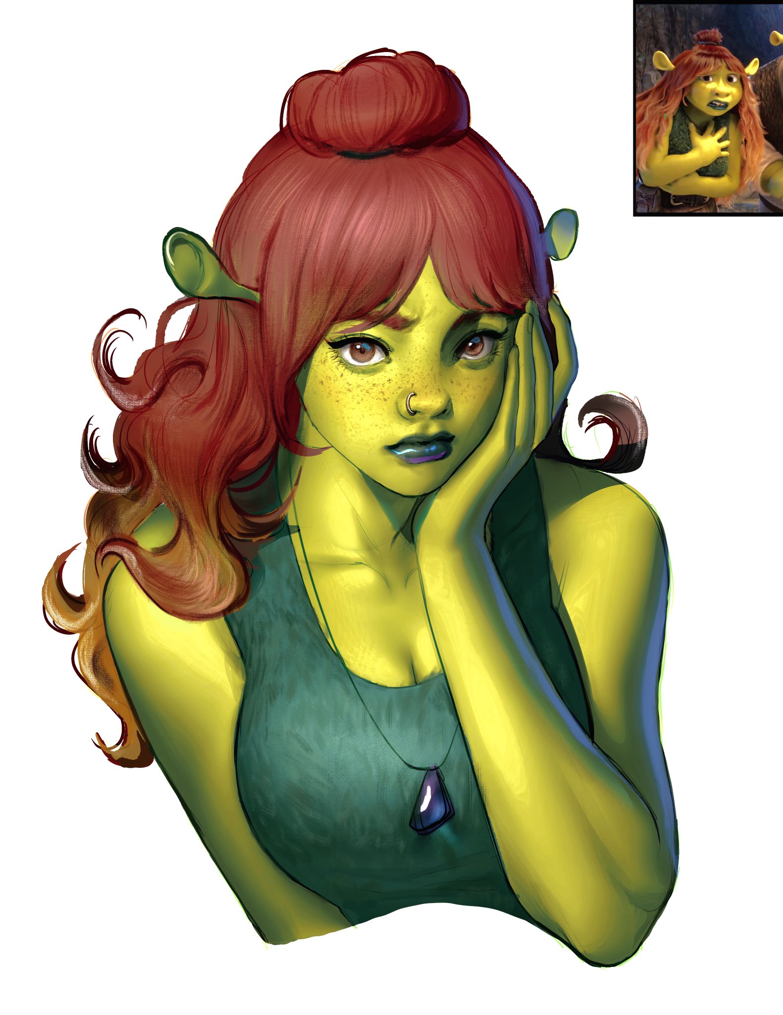 1girl brown_eyes brown_hair colored_skin felicia_(shrek) freckles green_shirt green_skin highres jewelry long_hair looking_at_viewer minhwoody necklace nose_piercing nose_ring ogre piercing reference_inset shirt shrek_(series) shrek_5 simple_background sleeveless sleeveless_shirt upper_body white_background