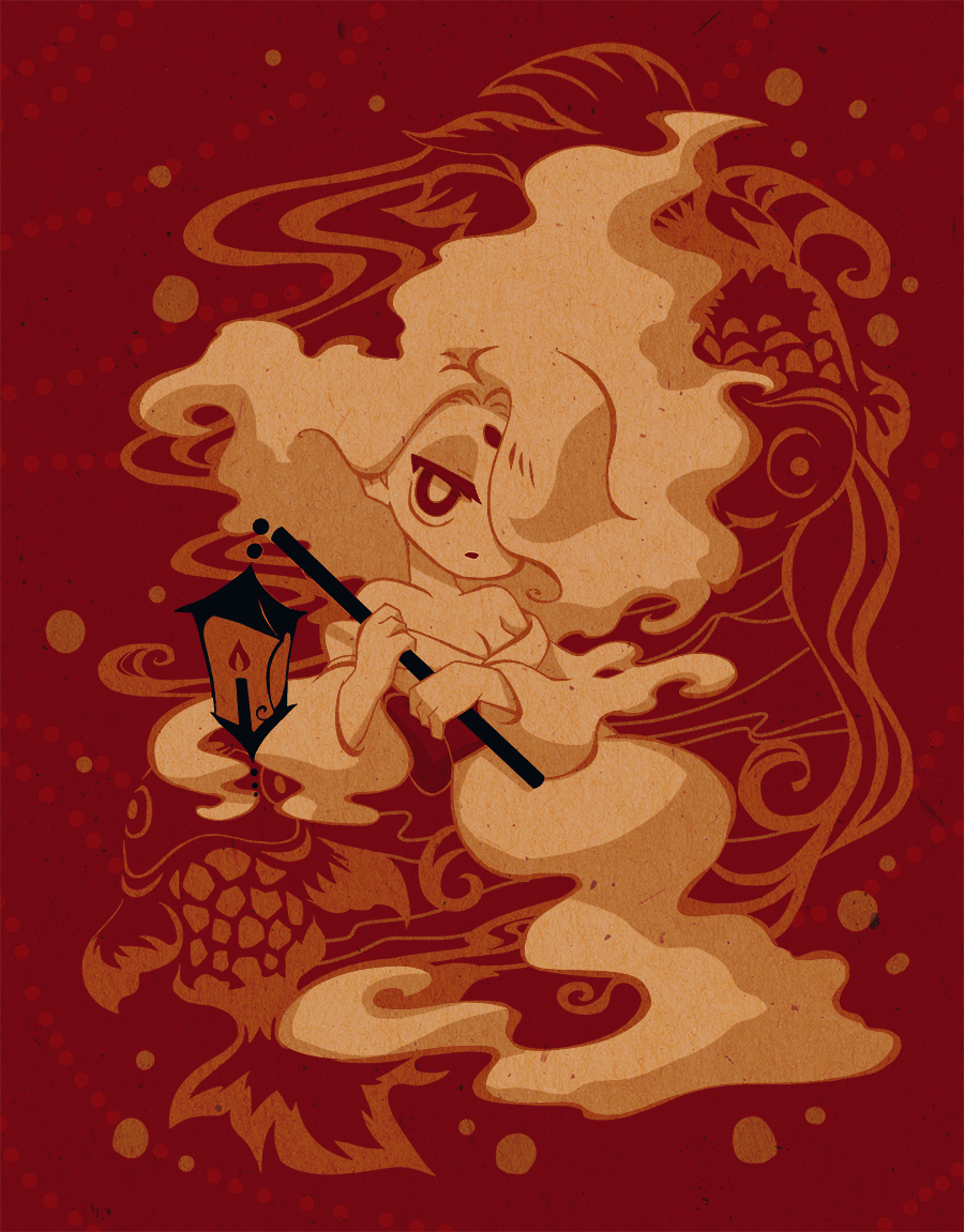 1girl bare_shoulders breasts candle cleavage enraenra_(youkai_watch) fire fish fire ghost ghost_girl goldfish hair_over_one_eye holding holding_lantern lantern large_breasts long_hair nonana_(mikudrop) parted_lips red_background solo thick_eyebrows very_long_hair youkai_watch