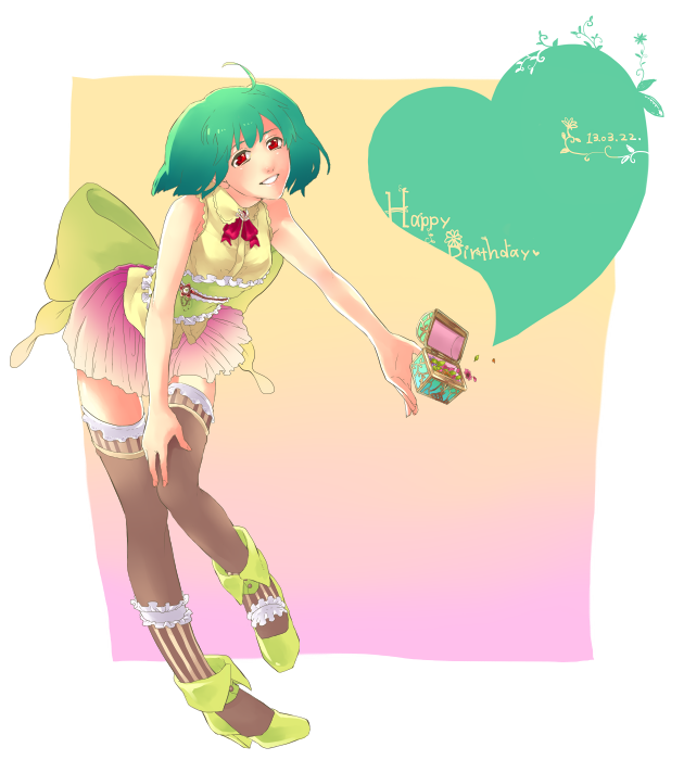 01rosso 1girl ahoge alternate_costume bad_id bad_pixiv_id bow dated dress female_focus green_hair macross macross_frontier ranka_lee red_eyes short_hair solo thighhighs
