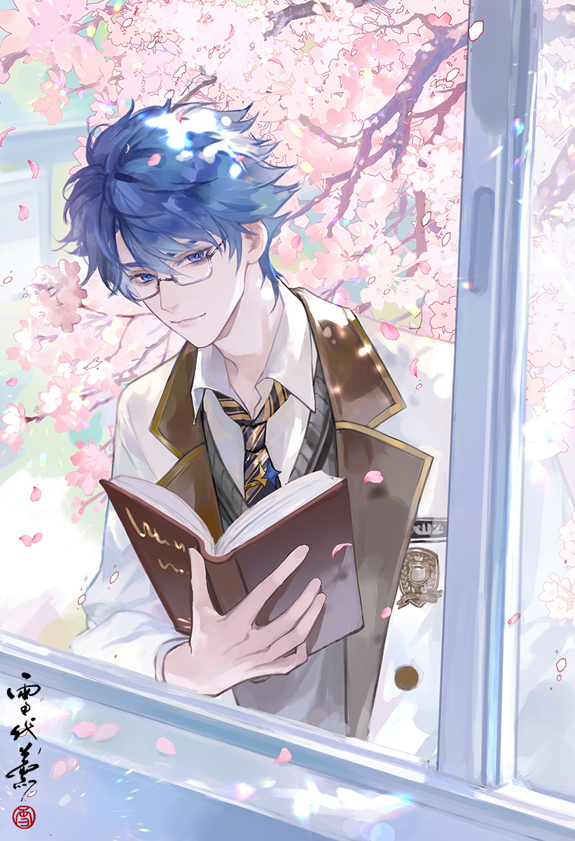 1boy blazer blue_eyes blue_hair blue_necktie book cherry_blossoms chinese_commentary closed_mouth collared_shirt colored_lapels dappled_sunlight day diagonal-striped_clothes diagonal-striped_necktie emblem falling_petals from_inside glasses grey_sweater_vest hair_between_eyes highres holding holding_book jacket long_sleeves looking_at_viewer looking_inside male_focus necktie open_book open_clothes open_jacket petals school_uniform seal_impression shirt short_hair sideways_glance smile solo striped_clothes sunlight sweater_vest tie_clip tree upper_body wangzhe_rongyao white_jacket white_shirt window xuedaixun yellow_necktie zhuge_liang_(king_of_glory)