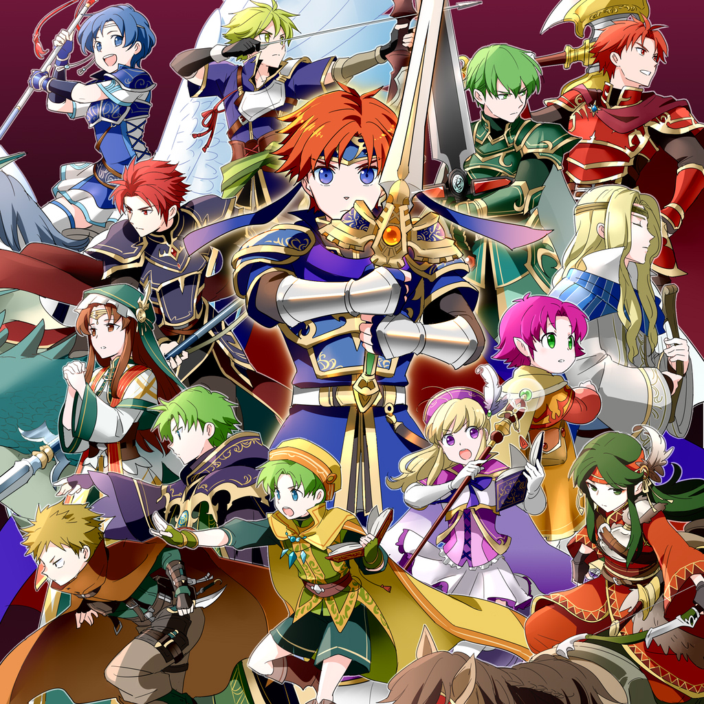 5girls 6+boys :d alen_(fire_emblem) armads_(fire_emblem) armor axe binding_blade_(weapon) brown_hair chad_(fire_emblem) clarine_(fire_emblem) durandal_(fire_emblem) elen_(fire_emblem) elffin_(fire_emblem) fae_(fire_emblem) fingerless_gloves fire_emblem fire_emblem:_the_binding_blade gloves green_armor green_hair holding holding_axe holding_polearm holding_sword holding_weapon ksw_f_m_d lance_(fire_emblem) long_hair looking_at_viewer lugh_(fire_emblem) multiple_boys multiple_girls nintendo open_mouth outstretched_arm own_hands_together polearm raigh_(fire_emblem) red_armor red_hair roy_(fire_emblem) shanna_(fire_emblem) smile sue_(fire_emblem) sword weapon wolt_(fire_emblem) zeiss_(fire_emblem)