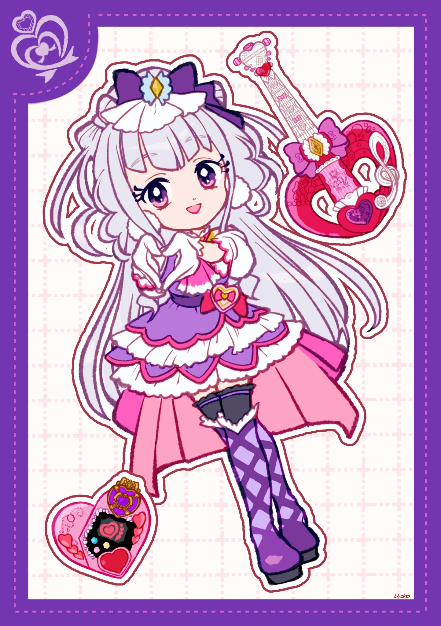 1girl ascot bag_bow black_thighhighs blunt_bangs boots border bow collared_dress crossed_legs cure_amour deformed dot_nose dotted_line dress dress_bow earrings electric_guitar eyelashes frilled_dress frilled_sleeves frills full_body gloves grid_background guitar hair_bow happy heart heart-shaped_bag heart_hands highres hugtto!_precure instrument jewelry lace-up_boots large_earrings lipstick long_hair looking_at_viewer magical_girl makeup mascara open_mouth outline pink_ascot pink_bag pink_bow platform_boots pom_pom_(clothes) pom_pom_earrings precure puffy_short_sleeves puffy_sleeves purple_boots purple_border purple_bow purple_dress purple_eyes purple_hair purple_sash red_bow red_lips ruru_amour sash short_dress short_sleeves signature smile solo standing thigh_boots thighhighs train_(clothing) uwded_207 very_long_hair waist_bag waist_sash white_background white_gloves white_outline white_sleeves zettai_ryouiki