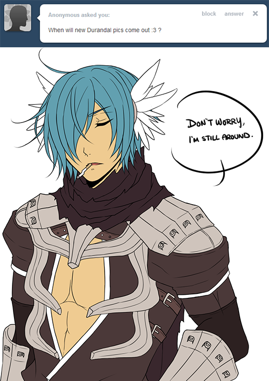 1boy armor assassin_cross_(ragnarok_online) black_scarf black_shirt blue_hair cigarette closed_eyes commentary english_commentary english_text feathered_wings hair_between_eyes hair_over_one_eye head_wings long_bangs male_focus open_mouth pauldrons ragnarok_online rinslette scarf shirt short_hair shoulder_armor simple_background solo torn_clothes torn_scarf tumblr upper_body vambraces white_background white_wings wings