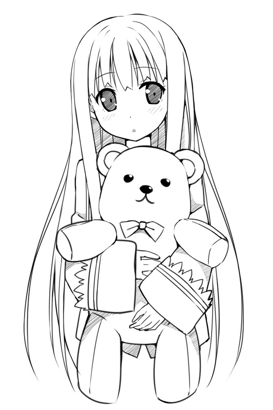 1girl hugging_doll greyscale kami-sama_no_memo-chou lineart long_hair monochrome hugging_object pajamas shionji_yuuko sky-freedom stuffed_animal stuffed_teddy stuffed_toy teddy_bear