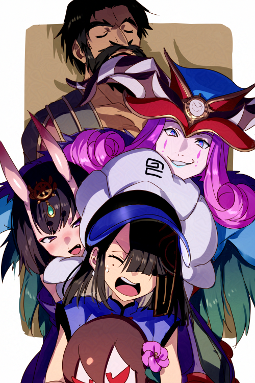 2boys 2girls bare_shoulders beard black_hair blue_eyes blue_shirt breasts character_doll closed_eyes doll echo_(circa) edward_teach_(fate) eyeliner facial_hair fate/grand_order fate_(series) grin hair_over_one_eye hat headpiece horns japanese_clothes kimono looking_at_viewer makeup mephistopheles_(fate) mole mole_under_eye multiple_boys multiple_girls oni open_mouth pale_skin purple_eyes purple_hair purple_kimono shirt short_hair shuten_douji_(fate) skin-covered_horns sleeveless sleeveless_shirt small_breasts smile stuffed_toy white_hat xu_fu_(fate) xu_fu_(swimsuit_avenger)_(first_ascension)_(fate) yu_mei-ren_(fate)