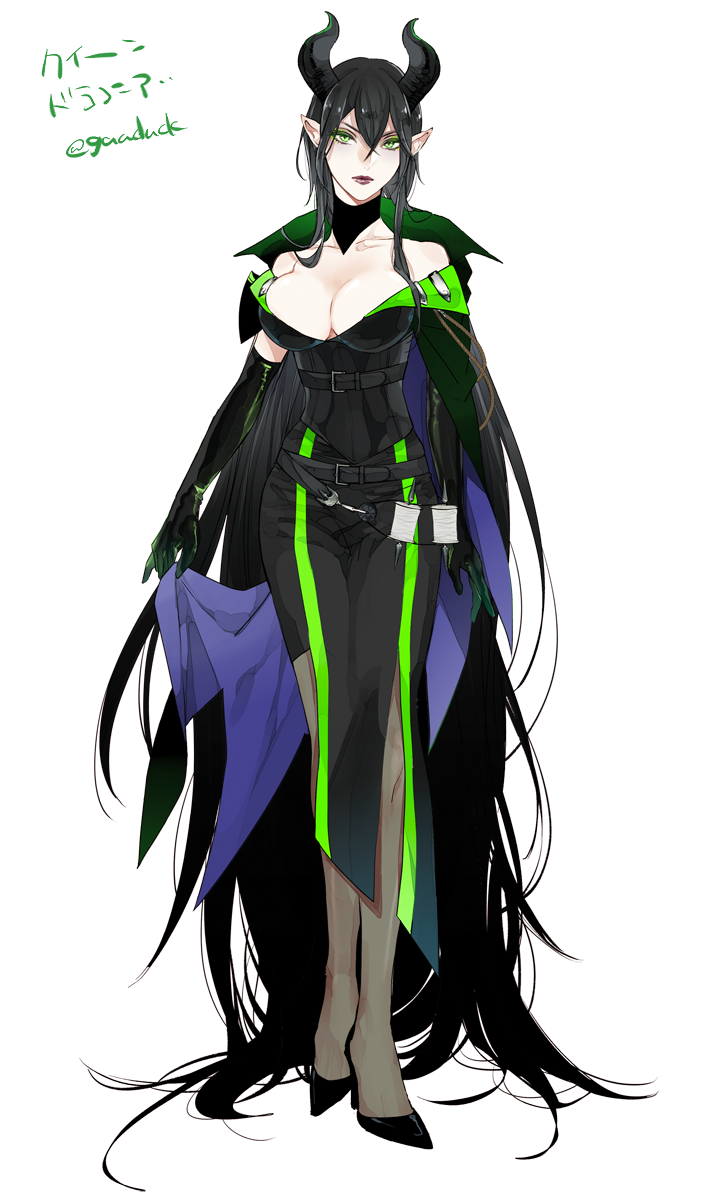1girl absurdly_long_hair adapted_costume arms_at_sides belt black_cape black_dress black_footwear black_hair breasts cape cape_hold cleavage closed_mouth crossed_bangs detached_collar dress elbow_gloves full_body genderswap genderswap_(mtf) gloves green_eyes hair_between_eyes high_heels highres horns large_breasts long_hair looking_at_viewer malleus_draconia pantyhose pointy_ears red_lips shirai simple_background solo standing stiletto_heels twisted_wonderland two-sided_cape two-sided_fabric very_long_hair white_background