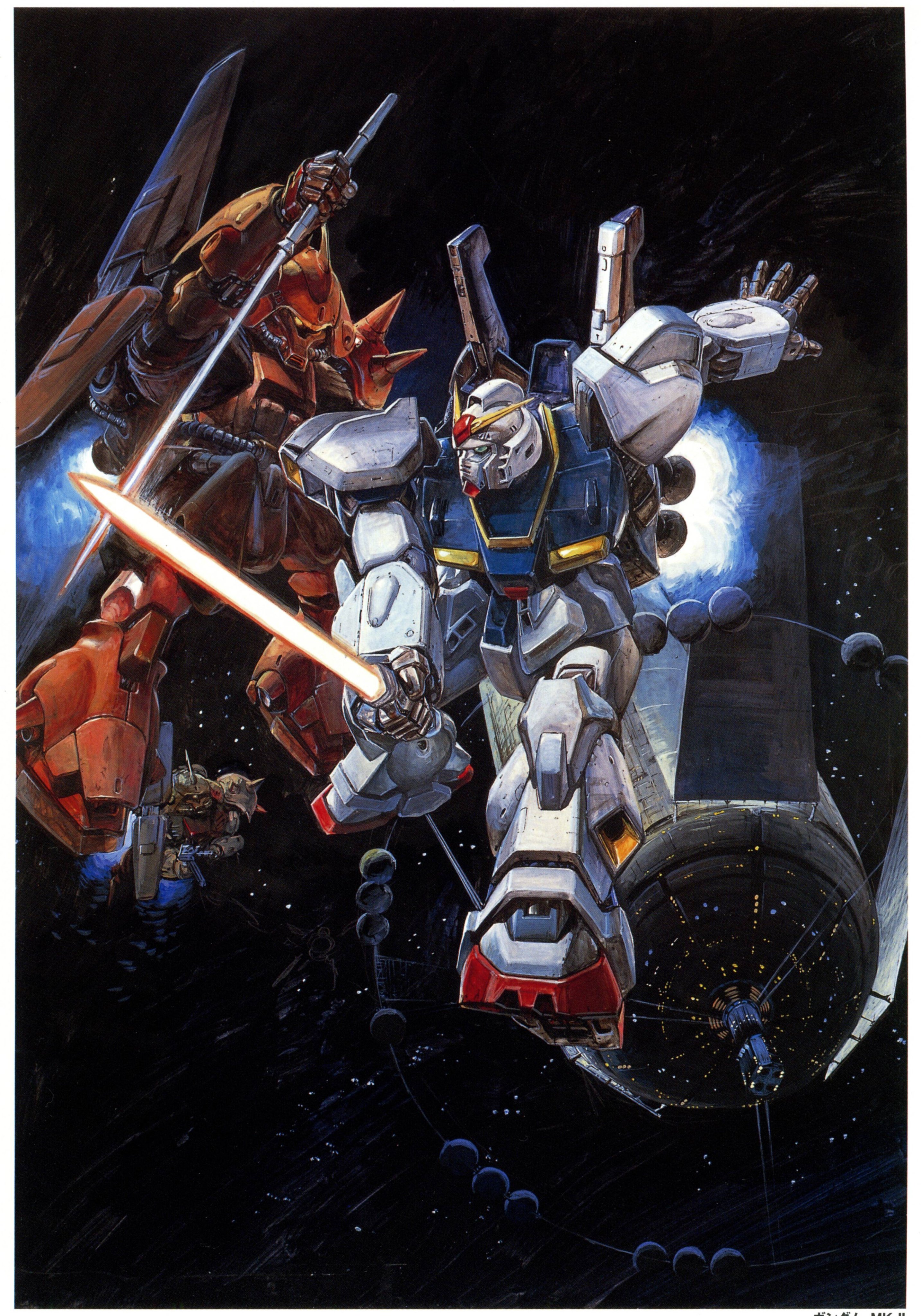absurdres battle energy_sword gundam gundam_mk_ii highres marasai no_humans official_art space space_habitat spacecraft takani_yoshiyuki v-fin zeta_gundam