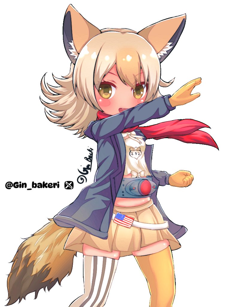 1girl american_flag animal_ears belt black_jacket blonde_hair camisole coyote_(kemono_friends) extra_ears gin_bakery gloves jacket kamen_rider kemono_friends kemono_friends_v_project looking_at_viewer parody scarf short_hair simple_background skirt solo tail thighhighs virtual_youtuber wolf_ears wolf_girl wolf_tail yellow_eyes