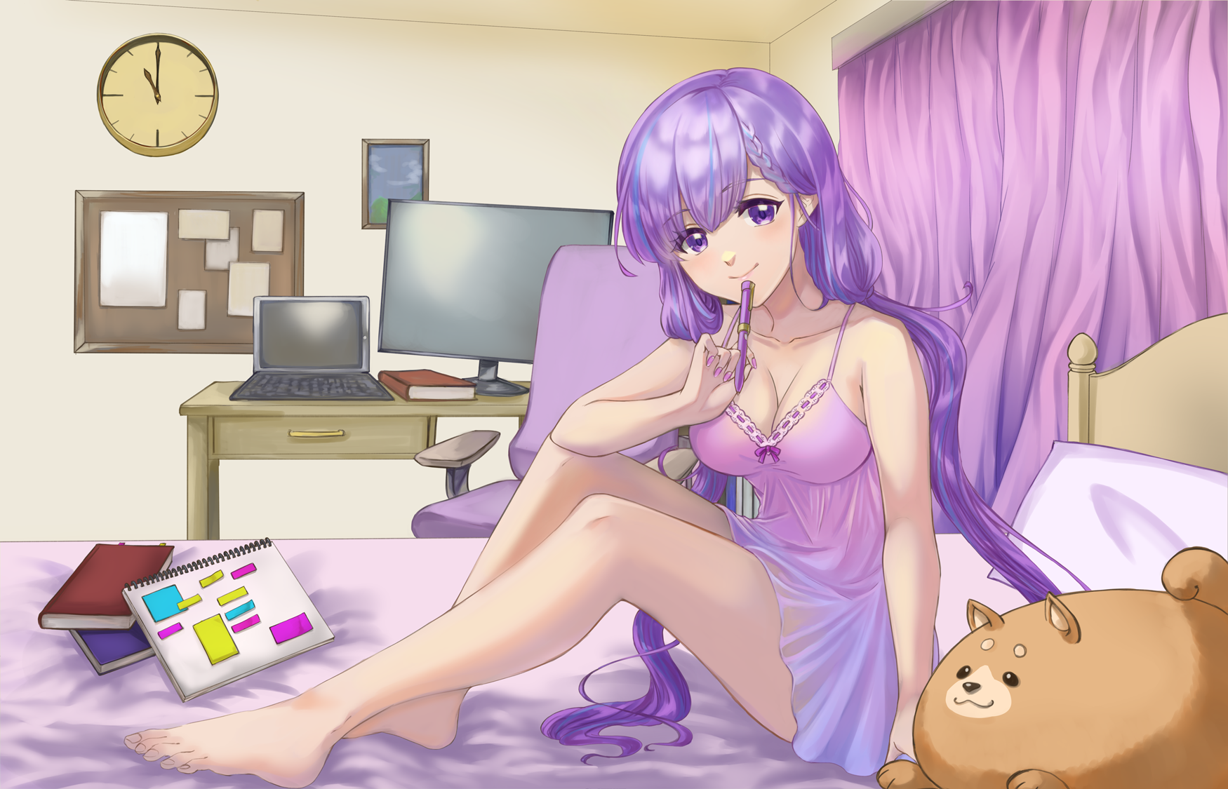 1girl analog_clock barefoot book breasts bulletin_board cannon_kaleidoscope cleavage clock closed_mouth collarbone computer desk end_card eyelashes highres holding holding_pen indie_virtual_youtuber kusunoki_nack laptop looking_at_viewer monitor nightgown on_bed pen pink_nails purple_eyes purple_hair purple_nightgown solo stuffed_animal stuffed_dog stuffed_toy virtual_youtuber