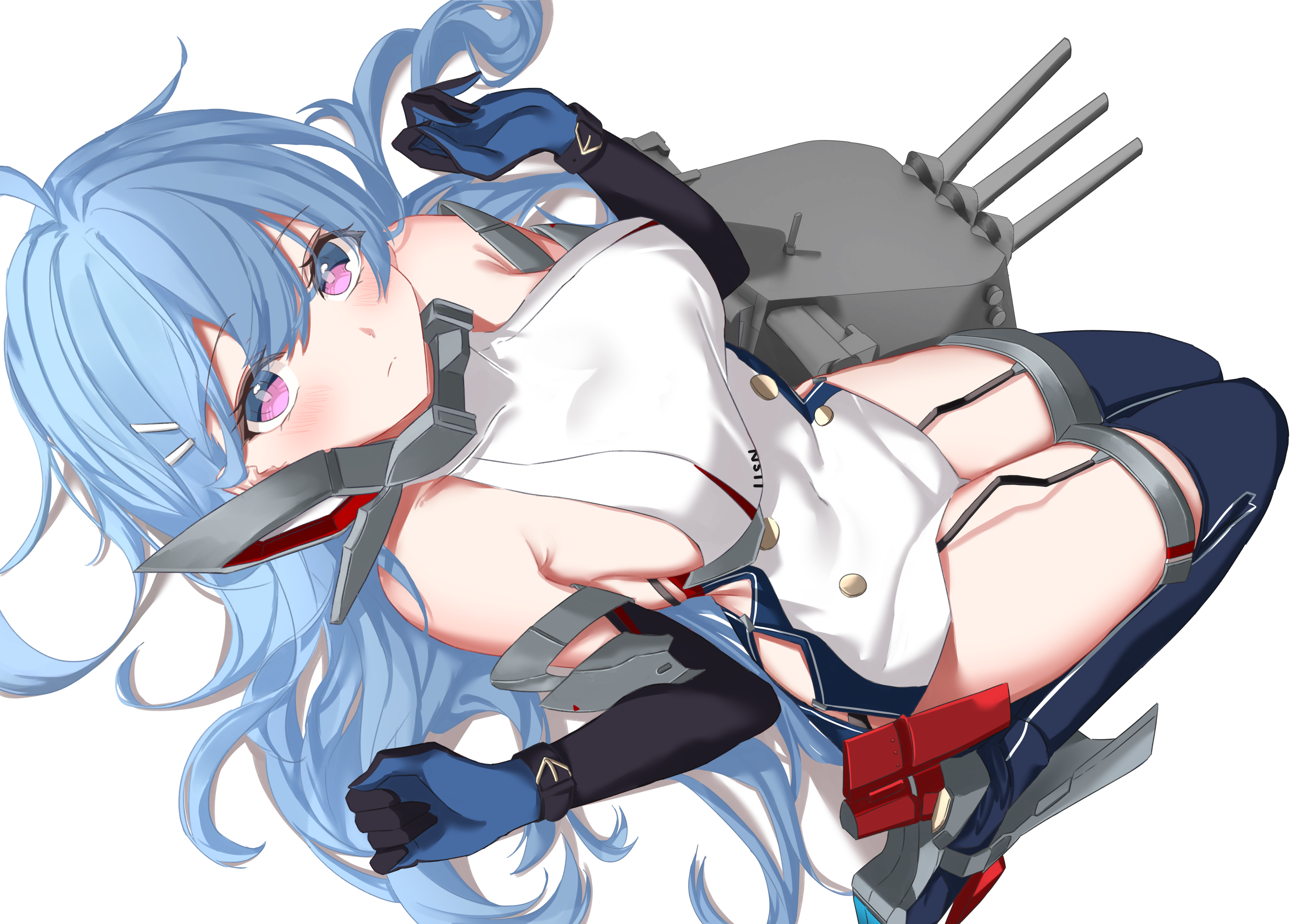 1girl ahoge azur_lane bare_shoulders black_gloves blue_hair blue_thighhighs breasts closed_mouth clothing_cutout commission dress elbow_gloves garter_straps gloves hands_up helena_(azur_lane) helena_(retrofit)_(azur_lane) highres large_breasts long_hair looking_at_viewer lying on_back pink_eyes pixiv_commission retrofit_(azur_lane) ship_turret short_dress side_cutout sleeveless sleeveless_dress solo thighhighs thighs vayneeeee very_long_hair white_dress